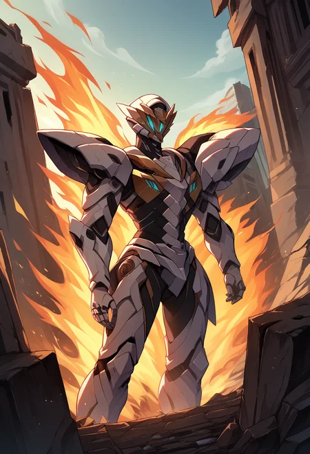 score_9, score_8_up, source_anime, 1girl, solo, SAM, mecha, full armor, helmet, outdoors, ruins, fire, flames, <lora:ChamFireflyV2PonyXL:1>