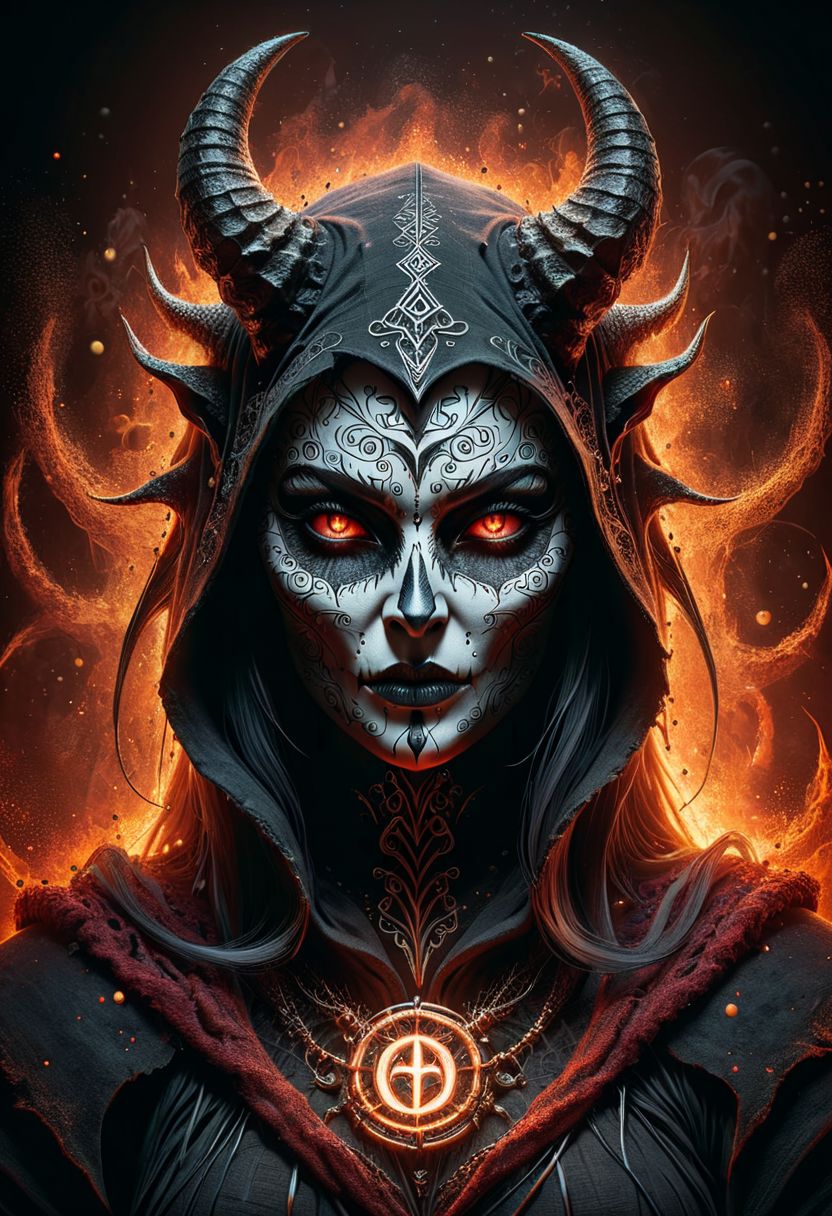 A stunning, highly detailed dark fantasy portrait illustration of a devil woman. Death mask, seductive. She stands, sensual, Fire elemental, dark toga, canvas hood, runic circle, glowing particles, perfect hands, BadDream, unaestheticXL2v10, OverallDetail, ais-darkpartz