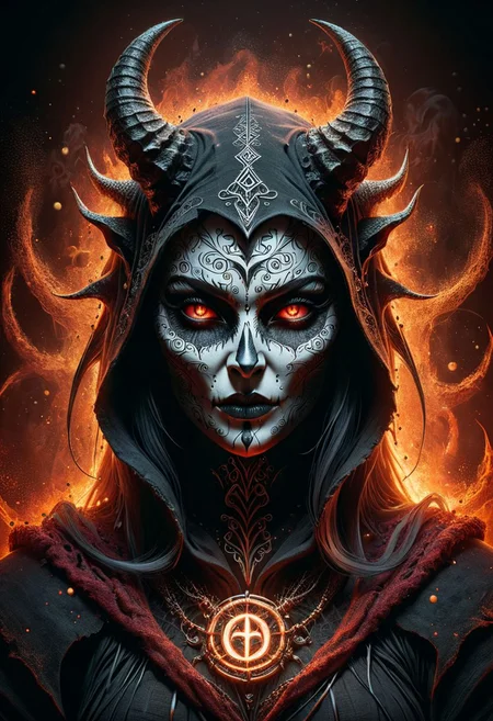 A stunning, highly detailed dark fantasy portrait illustration of a devil woman. Death mask, seductive. She stands, sensual, Fire elemental, dark toga, canvas hood, runic circle, glowing particles, perfect hands, BadDream, unaestheticXL2v10, OverallDetail, ais-darkpartz
