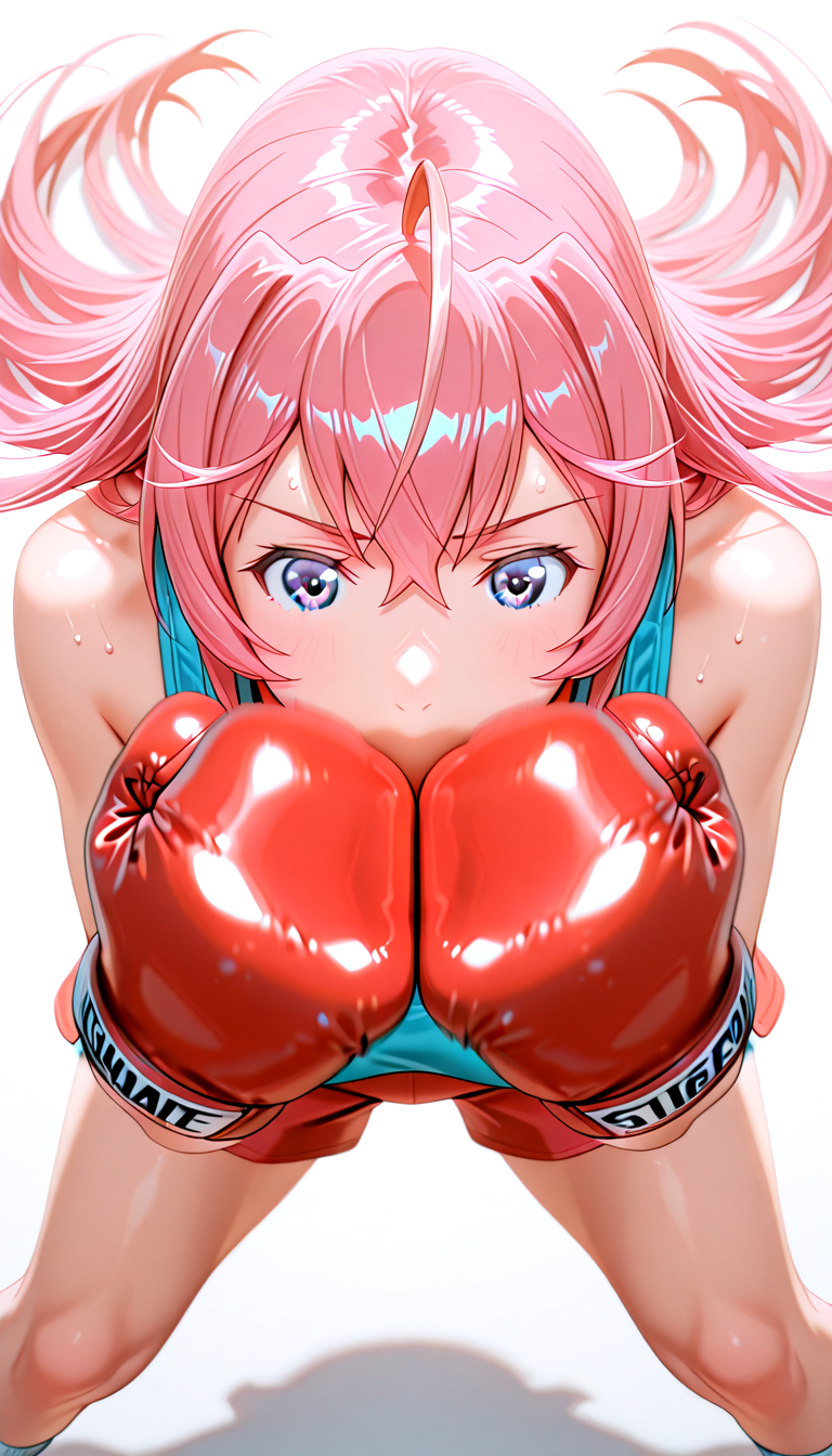 IllusP0s, masterpiece, best quality, amazing quality, very aesthetic, absurdres, newest,  ((ultra detailed hair:1.4)), ((ultra detailed eyes:1.4)), ((dynamic angle:1.4))
BREAK
1girl,solo, 0t0m3,<lora:sakuragi_otome420_epoch_15:1>
Mouthpiece, blue Tank tops, short pants, boxing wear, red Boxing gloves
BREAK
blank background,
BREAK
Boxing, Sparring, ((sweating:1.4)), Serious, (((Motion Blur:1.4))),
Hard puncher, peekaboo style,
(((straight-on:1.49))),((facing viewer)),from above,
((Bend  knees)),  (((Widen stance))),lower your hips, hands on own nose,
(((Shake head from side))),((motion blur head:1.9)),hand focus
Fighting spirit, ((looking at viewer)),
(((Eye of the Tiger)))