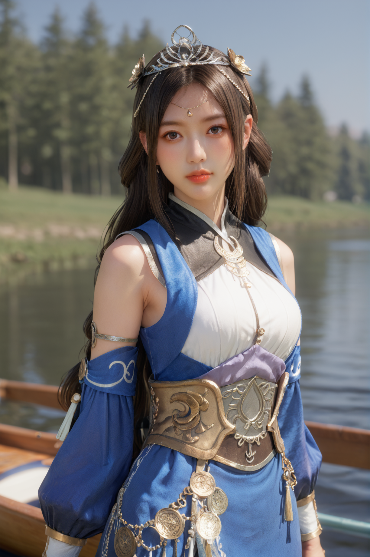 score_9, score_8_up, score_7_up, 1girl, solo, looking at viewer, half body shot, Pretending to paddle a canoe, <lora:Cai_Wenji_Dynasty_Warriors:0.8> long hair, brown hair, brown eyes, jewelry, hair ornament, tiara, dress, detached sleeves, pantyhose, outdoors, blurry, depth of field