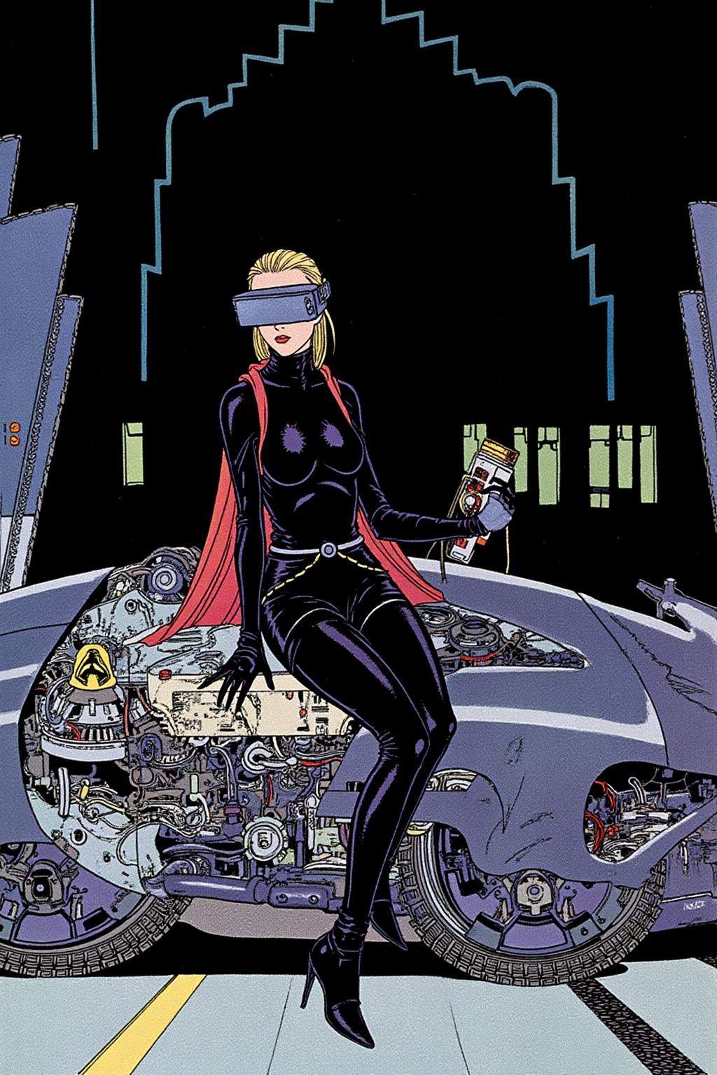 sterrett1 illustration. 
A striking, futuristic scene depicts a woman dressed in sleek, form-fitting leather attire, sitting confidently atop an open power suit, inspired by the cyberpunk aesthetics of Masamune Shirow. The power suit, a blend of advanced technology and military-grade armor, features intricate mechanical details, exposed wiring, and a robust, yet streamlined design. The woman, wearing a cutting-edge VR headset, exudes a sense of control and mastery over the machine beneath her. Her posture is relaxed yet commanding, with one hand resting on the suit's metallic surface and the other casually holding a piece of advanced tech. The background is a high-tech industrial setting, with dim lighting that casts dramatic shadows, highlighting the fusion of human and machine. The overall atmosphere is one of futuristic coolness and cybernetic elegance, capturing the essence of Shirow's iconic style  <lora:sterrett1_cap_d6a3e8:1.0><lora:837022064654403784:0>