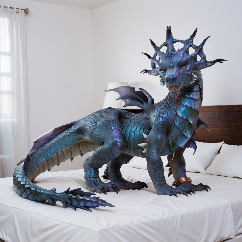 score_9, score_8_up, score_7_up, score_6_up, score_5_up, score_4_up, masterpiece, high quality, realistic, detailed, best quality, white bed, solo, rating_safe, source_furry, bedroom, smiling, seductive, looking at viewer, on bed, full body, close up, queen_narissa, dragon, blue scales, wings, tail, tail end, claws, female, 1girl, red eyes, feral
