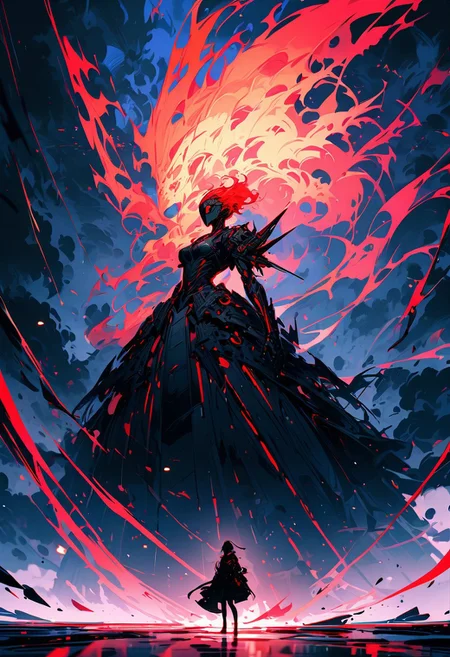 ((masterpiece, best quality, extremely detailed, absurdres)),(fantasic illustration, dynamic lighting).
1girl, a beautiful woman leaps off her enormous flaming robot, artistic use of contrasting colours and brightness, beautiful face, (guarded by her giant robot:1.2),storm clouds gather overhead, deep rich colours contrasts against the dull beiges and greys of the background, full body, futuristic dress, <lora:flat2:-1.8>, 8k, very fine detail, ((cinematic composition and lighting)), focus on the woman. Gold leaf highlights.