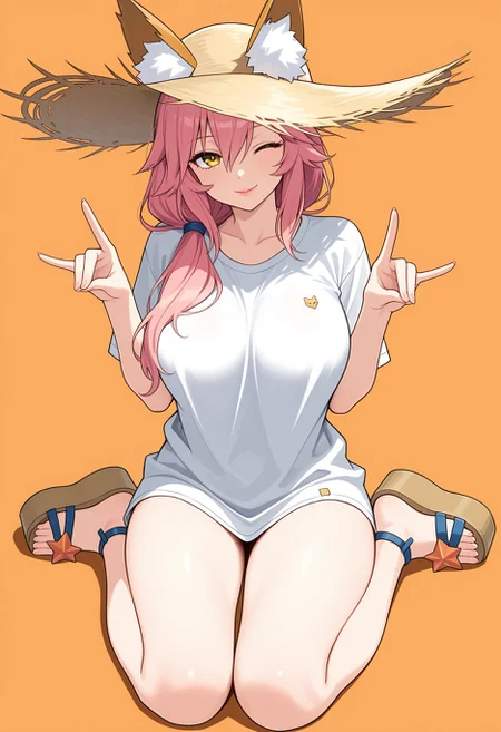 masterpiece, best quality, solo, t4mamosummer, animal ears, animal ear fluff, ears through headwear, straw hat, pink hair, long hair, hair over shoulder, hair between eyes, tied hair, yellow eyes, lips, large breasts, white t-shirt, loose t-shirt, oversized t-shirt, platform sandals, seductive smile, double fox shadow puppet, wink, fingernails, wariza, looking at viewer, full body, orange background, , <lora:a76c158f-0bc8-4ead-8742-dfd893798555:1.0>
