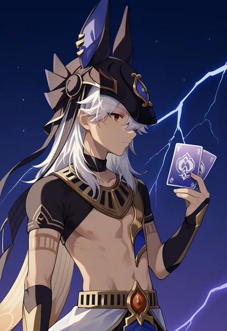 score_9, score_8_up, score_7_up, source_anime, highly detailed,
cyno, 1boy, male focus, solo, dark-skinned male, dark skin, white hair, hair over one eye, long hair, red eyes, egyptian clothes, hat, animal hat, jackal ears, black headwear, jewelry, usekh collar, gold trim, chocker, black chocker, tattoo, arm tattoo, crop top, shirt, black shirt, short sleeves, bridal gauntlets, holding, holding card, hand up, card, profile, from back,
outdoor, lightning, purple lightstorm,