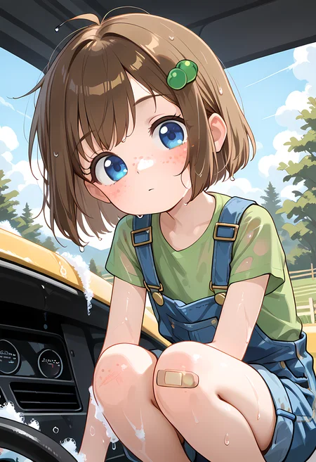 <lora:add-detail-xl:1>,masterpiece,best quality,amazing quality,very aesthetic,absurdres,newest,huge filesize,<lora:spo_sdxl_10ep_4k-data_lora_webui:0.5>,1girl, freckles, brown hair, bandaid, blue eyes, , short hair, hair ornament, bandaid on knee, face focus,farm background,Lily Hopkins, <lora:lily_hopkins_ill:0.8>,,flat chest,,blue overalls,green shirt, <lora:ponyxl-car_wash-concept-v01:1> car wash,car wash, windshield, steering wheel,soap bubbles,squatting,wet clothes,wet hair,head tilt,???,