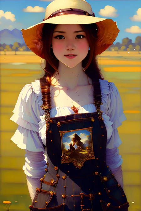 a painting of a farmer wearing overalls, red hair, straw hat evocative pose , Feminine , Detailed Pupils , smirk , Look at Viewer , Intricate , High Detail , sharp, art by onche_ondulay