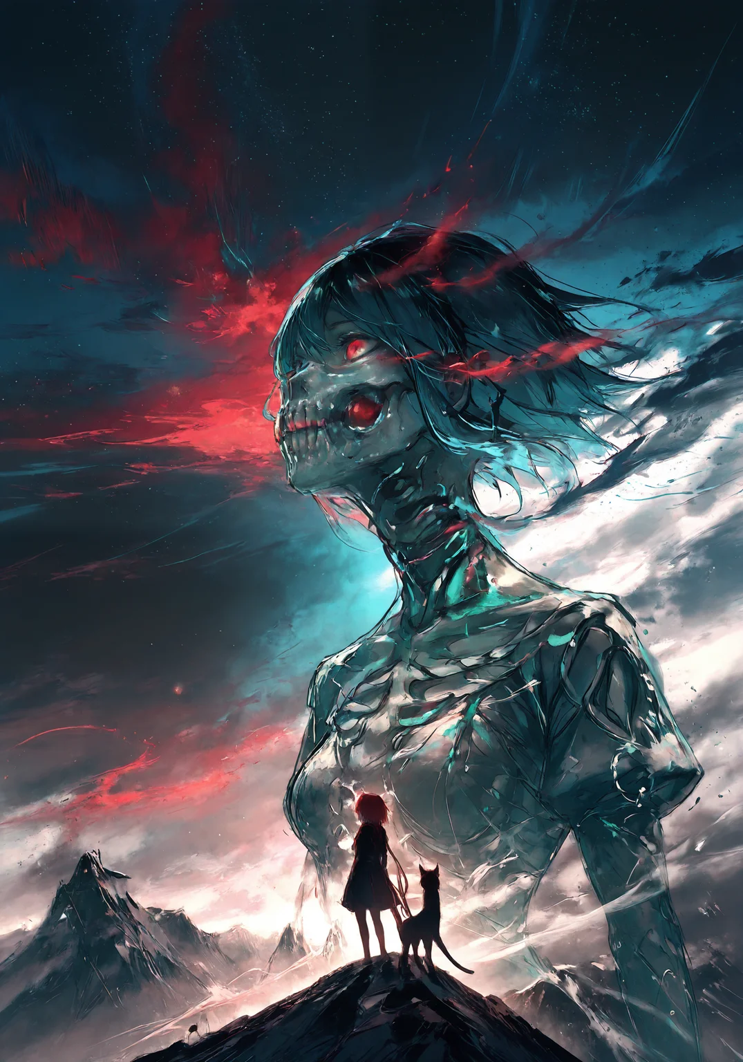 rella, rolua, negative space, cinematic shot, very awa, masterpiece, highres, absurdres, newest, wide shot, ,slimes_skullwm,made of skulls,kaenbyou_rin_(cat), touhou, 1girl, pink_hair, red_eyes, solo, <lora:UmeSky_Illustrious:1>