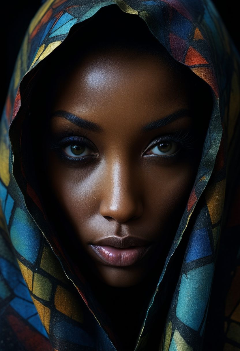 Close-up face, mysterious silhouette of an exotic coloured woman in worn down cape, goddess, alluring, by Minjae Lee, Carne Griffiths, Emily Kell, Steve McCurry, Geoffroy Thoorens, Aaron Horkey, Jordan Grimmer, Greg Rutkowski, amazing depth, double exposure, surreal, geometric patterns, intricately detailed, bokeh,  perfect balanced, deep fine borders, artistic photorealism , smooth,  great masterwork by Suiras  <lora:add-detail-xl:2>  <lora:Double_Exposure:0.5>