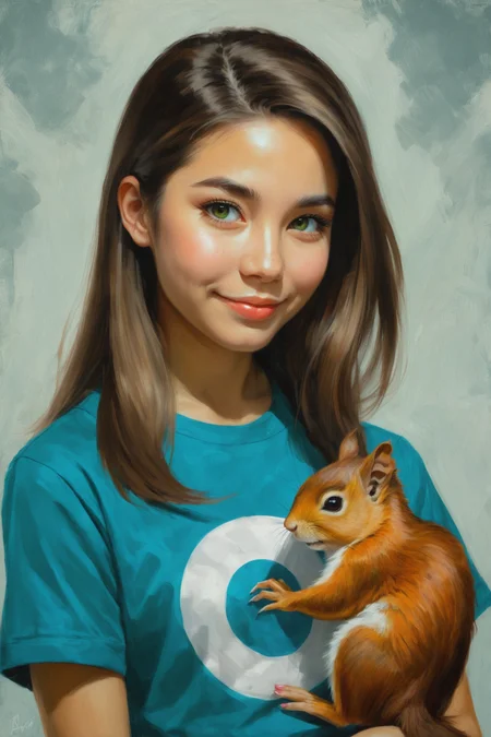 by Dave Gibbons and Hikari Shimoda in the style of Charlie Bowater, cute 18 year old woman and her pet squirrel, oil painting <lora:oil_painting_envy_anime:0.60>