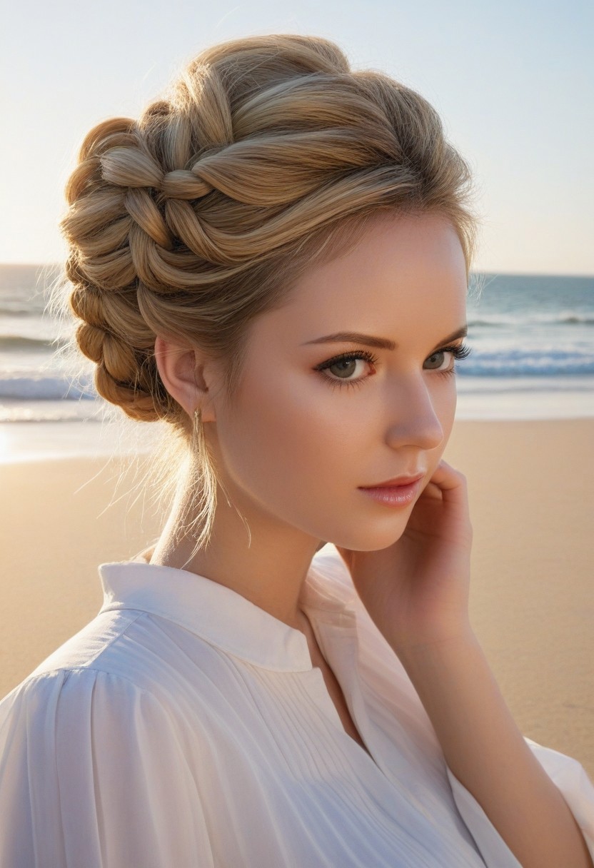 score_9, score_8_up, score_7_up, score_6_up, score_5_up, score_4_up, 1girl, adult, 23 years old, closeup, sunlight on face, blonde, braided updo, realistic photo, sun in eyes, golden hour, outdoors, sunny day, sunlit irises, masterpiece, detailed, highest quality, dramatic lighting, realistic, short hair, long eyelashes, beach