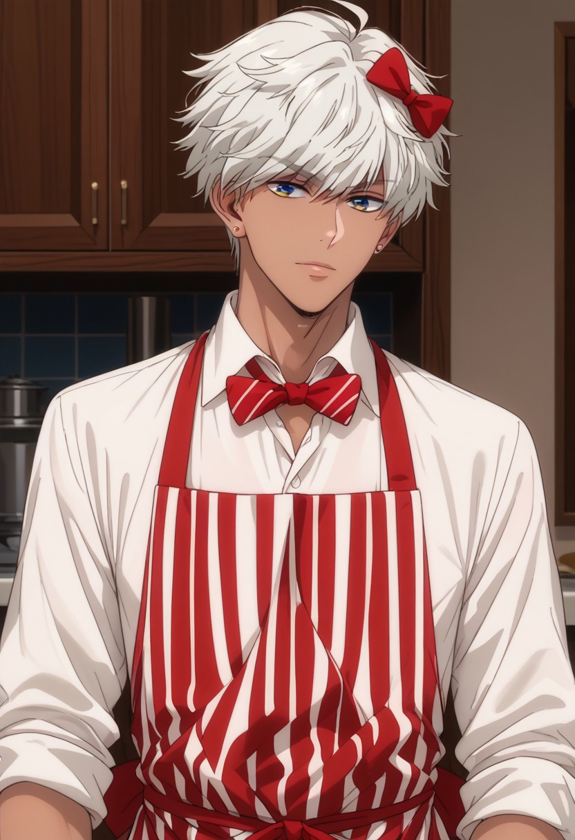 score_9, score_8_up, score_7_up, source_anime, rating_safe, Mamobey, 1boy, male focus, anime screencap, white-red striped apron, collared white shirt, red bow,