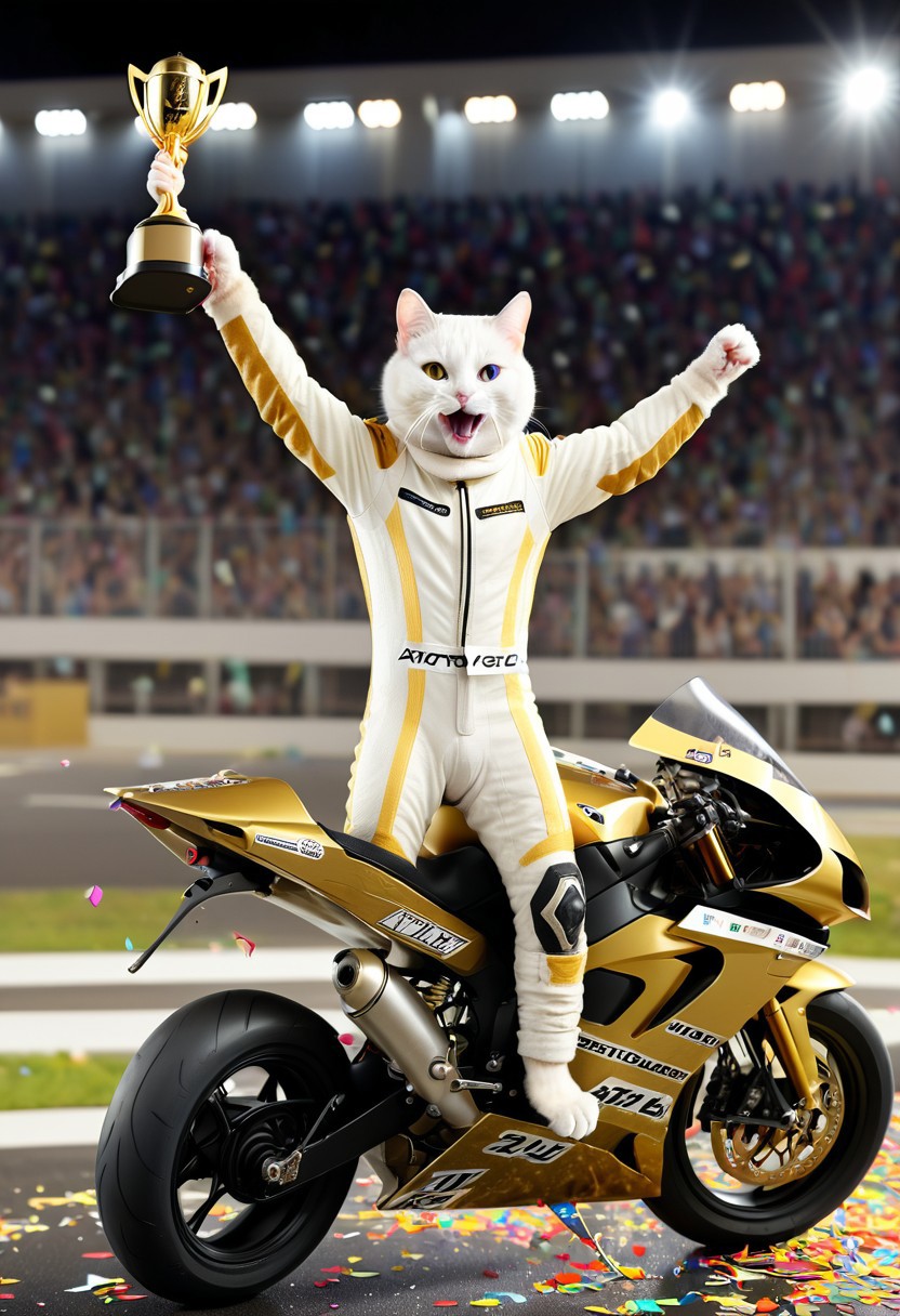(GrubCat), (cat standing triumphantly on a winner’s podium), (next to a sleek racing motorcycle), (wearing a racing suit), (one paw raised in victory), (confetti falling around), (crowd cheering in the background), (bright stadium lights illuminating the scene), (gold trophy in one paw), (dynamic and energetic atmosphere), (motorbike gleaming under the lights), (adrenaline-fueled celebration), (intense expression of victory and pride), (dramatic action shot), (high-energy racing scene).