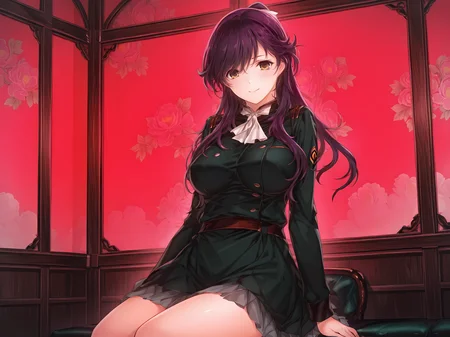 <lora:HaHa_Ranman_Illustrious:1>,saki,alicesoft,sakm outfit,military uniform,yellow eyes,cowboy shot,sitting,indoors,smile,1girl,solo,green dress,, masterpiece,best quality,amazing quality,