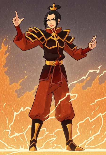 Azula, the fierce and cunning firebender, stands confidently at the center of the scene, wielding a bolt of lightning in her hand. Her eyes are sharp and intense, reflecting her unwavering determination and strategic mind. She is dressed in her traditional Fire Nation armor, which glows with shades of deep red and black, accented by golden details. Her long, dark hair flows behind her like a trail of smoke, subtly moving as if stirred by an unseen breeze. The background is a dramatic, volcanic landscape under a blood-red sky, with molten lava flowing across jagged rocks and plumes of dark smoke rising into the air. Blue flames dance around her, highlighting her unique firebending abilities and adding a contrasting, electric blue hue to the predominantly warm color palette. The atmosphere is charged with tension and raw power, as Azula embodies the dangerous and unpredictable force of fire and lightning. Her stance is both regal and intimidating, conveying a sense of control and command over the elements she wields. The image should be rendered in maximum ultra-high-definition quality, with detailed textures and ultra-realistic lighting to capture the glow of the flames, the sharpness of the lightning, and the intensity of the scene. The special effects should emphasize the crackling energy of the lightning and the heat of the flames, creating a dynamic 8K high-definition image with realistic lighting to enhance the dramatic and powerful atmosphere.