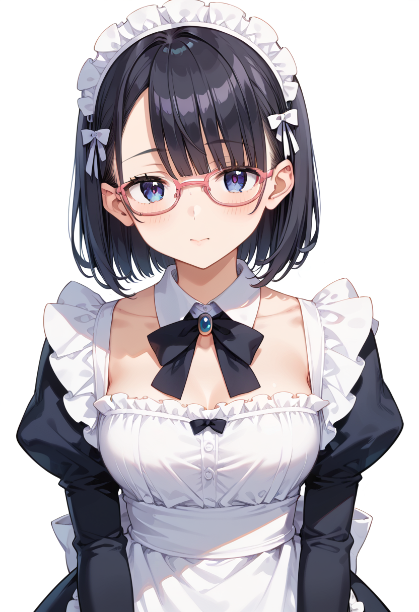 score_9, score_8_up, score_7_up, rating_safe, masterpiece, best quality, absurdres, unity 8k wallpaper, official art, official style, source_anime, uncensored, game cg, megami magazine,
1girl, solo, black hair, medium hair, upper body, covered eyes,maid, maid headdress, black dress, maid apron, face focus,
oval_metal, glasses, still life, white background, simple background, pink-framed eyewear,
 <lora:glasses_OvalMetal1_PONY_V1:1>