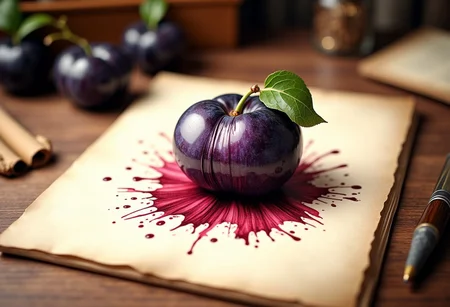 sepia toned ink sketch of (a black plum with violet flesh) and crimson juice stains on the page, on a table in a study