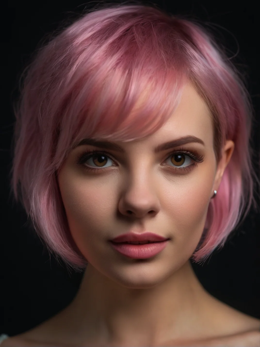 Cinematic fashion photograph portrait of Myroslava_Medved_P_MXAI_SDXL , intense expression, extreme closeup shot, black background,, (((Ultra-HD-details, Ultra-HD-detailed, Ultra-HD-realistic, Ultra-HD-photo-same-realistic-quality-details)))