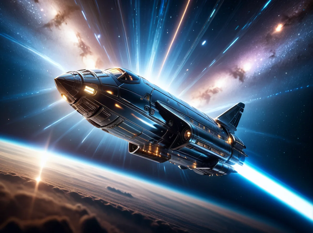 sleek space ship made of mad-chrm flying through star dust, space nebula, engine trail, depth of field, cinematic shot, dramatic lighting, <lora:Chrome_SDXL:0.8>, (masterpiece:1.2), best quality