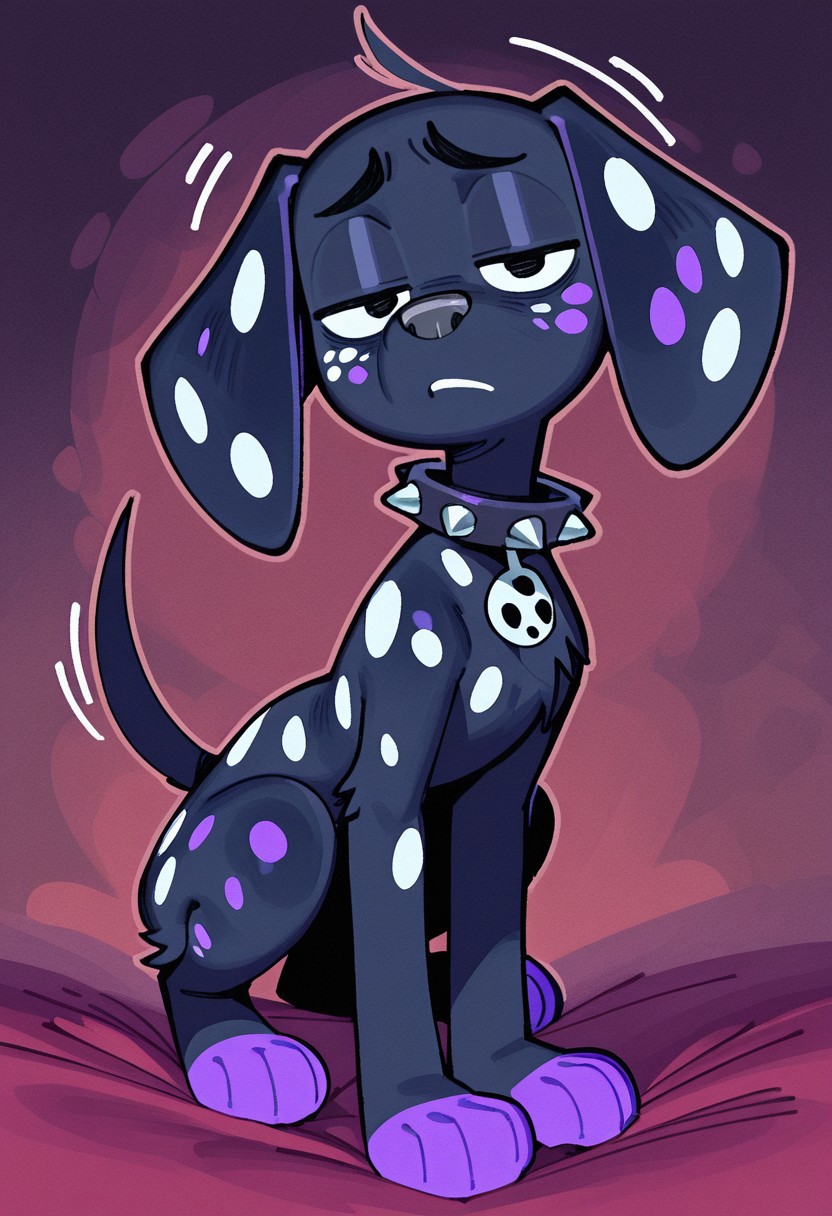 artist:wamudraws, masterpiece, best quality, amazing quality, Dante(101), solo, feral dog, animal, quadruped, 1boy, dalmatian, dalmatian dog, feral, dog, dalmatian, black fur, white spots, purple spots, purple paws, gray nose, baggy eyes, spiked collar, full body, head tilt, snout, looking at viewer, bored expression, bored, boren emotion, half closed eyes,
