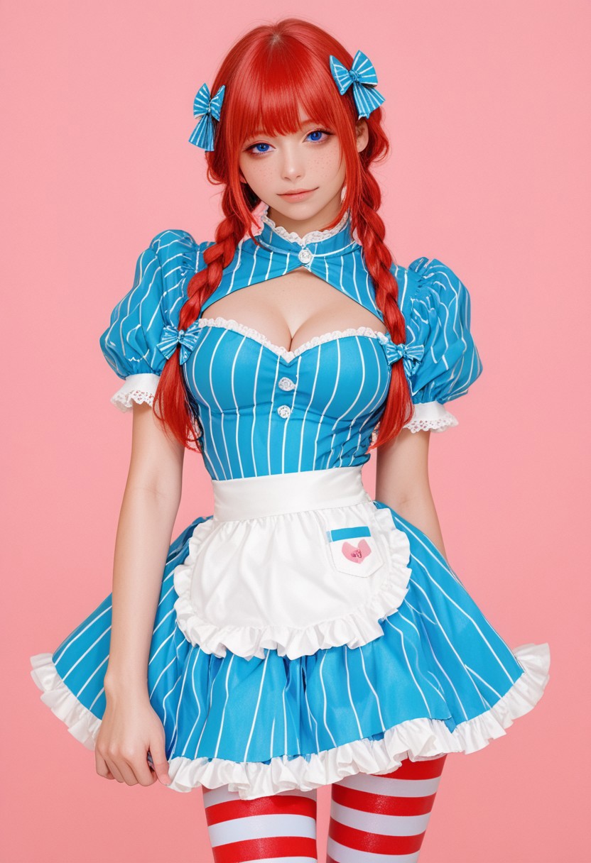 masterpiece, best quality, cosplay photo, super detailed skin, score_9_up, score_8_up, score_7_up, score_6_up, ((simple background)), kawaii girl, cute face, masterpiece, very awa, high resolution, official art, perfect anatomy, realistic skin,low light, film grain, Film Still,realistic human skin,instgram photo, amazing quality, movie stills, highly detailed,photography shot with Canon EOS 5D Mark IV,(realistic,photorealistic), (skin texture,photo, cosplay photo, 4k photo,professional photography:1)
,BREAK, seductive eyes, (half-closed eyes:0.8), 
BREAK, 
nsfw, cleavage, large breasts, real photo of a beautiful    ((slim, slender, slender arms, slim waist))), ((slim arms)), ((looking at viewer:1.9)), <lora:wendys:1>,wendysSDXL,blue eyes,long sleeves,dress,bow,twintails,braid,short sleeves,hair bow,striped pantyhose,red hair,striped,puffy sleeves,apron,twin braids,vertical stripes,freckles,striped dress,blue dress