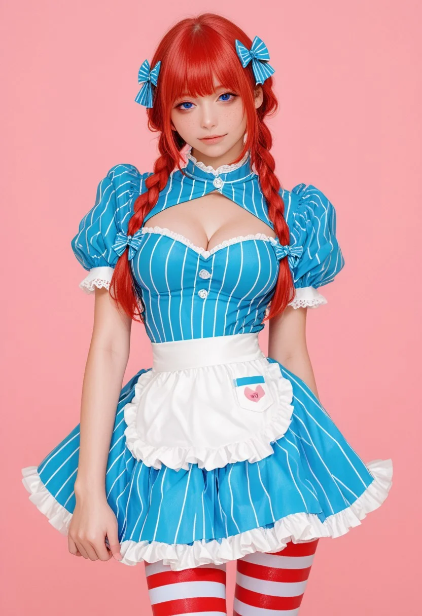 masterpiece, best quality, cosplay photo, super detailed skin, score_9_up, score_8_up, score_7_up, score_6_up, ((simple background)), kawaii girl, cute face, masterpiece, very awa, high resolution, official art, perfect anatomy, realistic skin,low light, film grain, Film Still,realistic human skin,instgram photo, amazing quality, movie stills, highly detailed,photography shot with Canon EOS 5D Mark IV,(realistic,photorealistic), (skin texture,photo, cosplay photo, 4k photo,professional photography:1)
,BREAK, seductive eyes, (half-closed eyes:0.8),
BREAK,
nsfw, cleavage, large breasts, real photo of a beautiful ((slim, slender, slender arms, slim waist))), ((slim arms)), ((looking at viewer:1.9)), <lora:wendys:1>,wendysSDXL,blue eyes,long sleeves,dress,bow,twintails,braid,short sleeves,hair bow,striped pantyhose,red hair,striped,puffy sleeves,apron,twin braids,vertical stripes,freckles,striped dress,blue dress