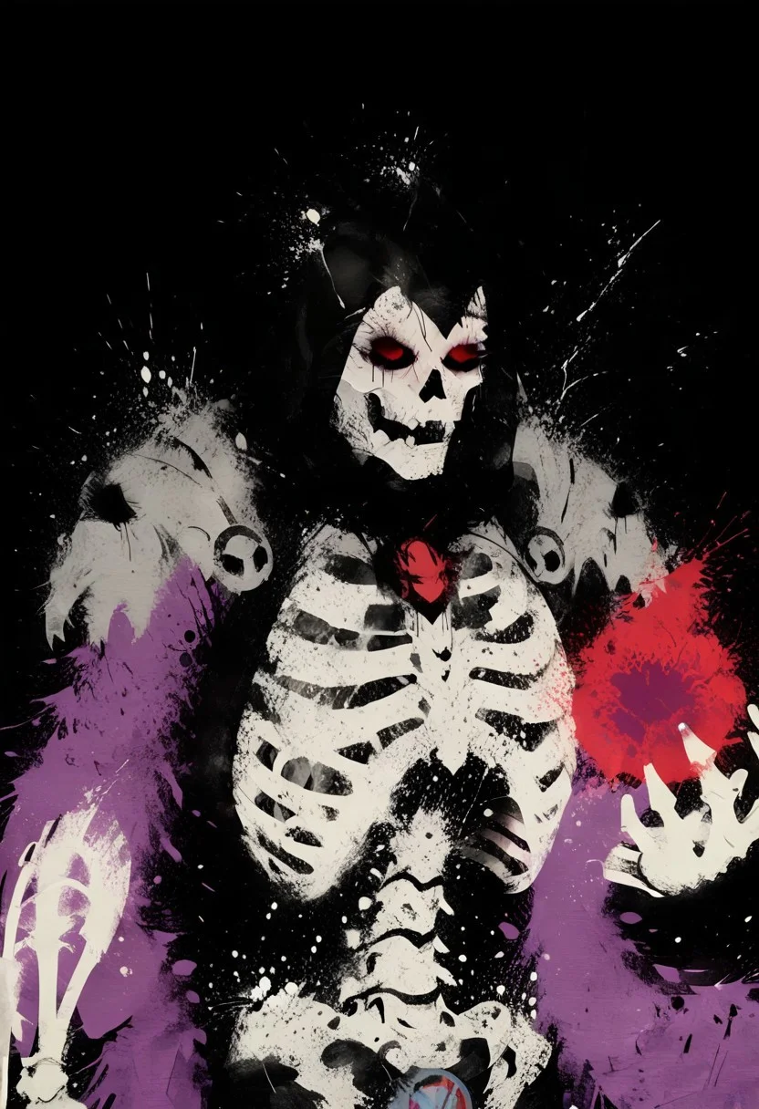 abstract, silhouette, splatter-paint,
1boy, solo, pauldrons, armor, black hood, bone, hood, lich, magic, male focus, necromancer, purple shawl, red eyes, ribs, shawl, shoulder armor, skeleton, skull, undead, upper body