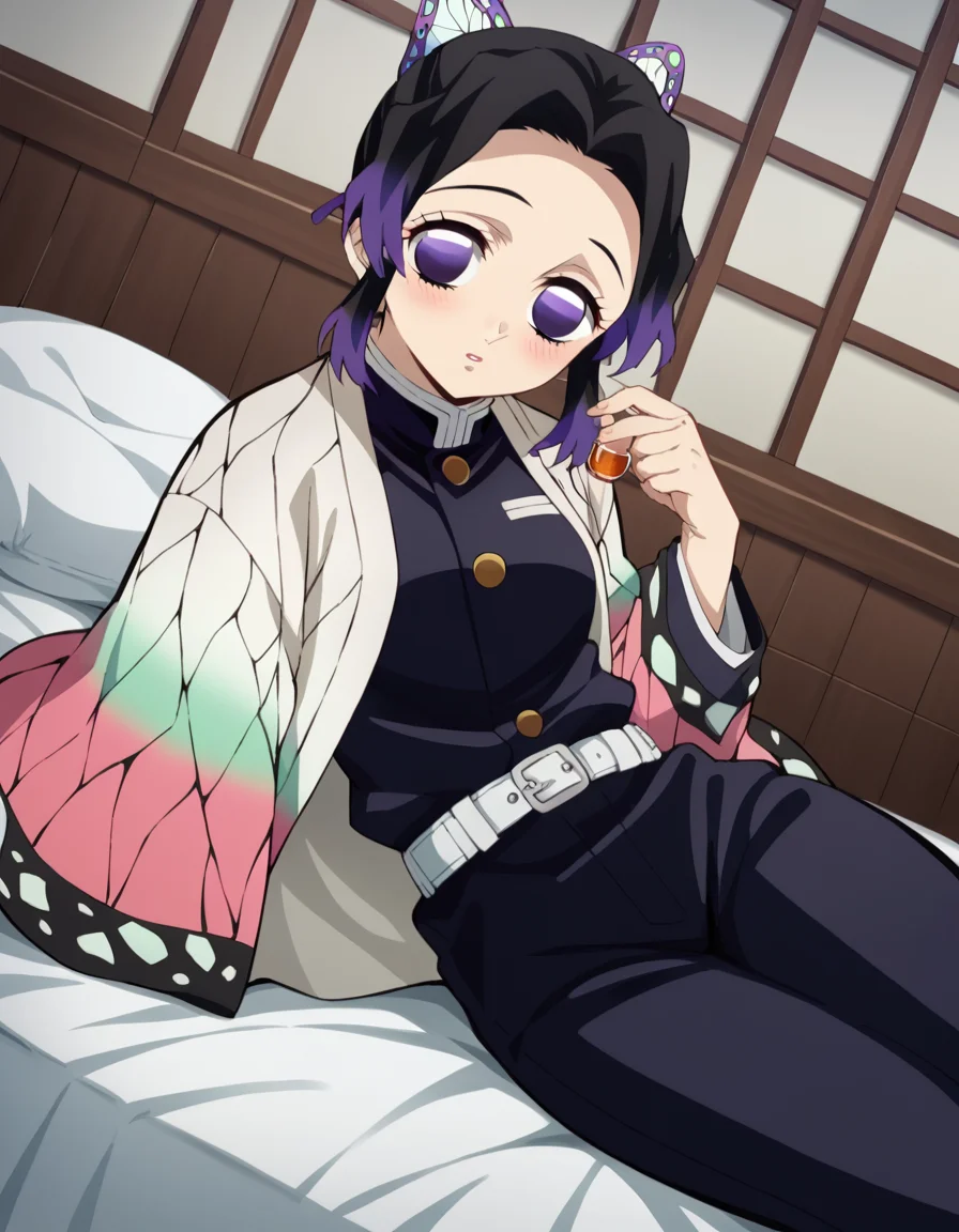 score_9, score_8_up, score_7_up, source_anime,
shinobukochou, <lora:shinobu-kochou-anime-ponyxl-lora-nochekaiser:1>,
shinobu kochou, animal print, black hair, butterfly, butterfly hair ornament, butterfly print, forehead, gradient hair, hair ornament, haori, multicolored hair, parted bangs, purple hair, short hair, two-tone hair,
belt, black pants, butterfly print, coat, demon slayer uniform, haori, japanese clothes, pants, uniform,
indoors, bed, bed room, on side, blush, drunk,
solo, dutch angle, looking at viewer, cowboy shot,