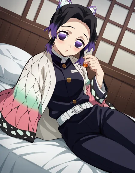 score_9, score_8_up, score_7_up, source_anime,
shinobukochou, <lora:shinobu-kochou-anime-ponyxl-lora-nochekaiser:1>,
shinobu kochou, animal print, black hair, butterfly, butterfly hair ornament, butterfly print, forehead, gradient hair, hair ornament, haori, multicolored hair, parted bangs, purple hair, short hair, two-tone hair,
belt, black pants, butterfly print, coat, demon slayer uniform, haori, japanese clothes, pants, uniform,
indoors, bed, bed room, on side, blush, drunk,
solo, dutch angle, looking at viewer, cowboy shot,