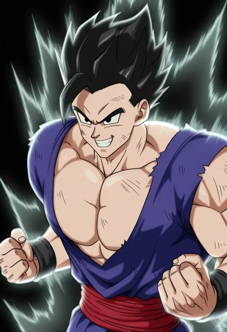 Dynamic pose, dynamic view, dynamic angle, High Quality, perfect body, perfect anatomy, anime source, HD, aura, clenched hands, upper body, black background, cloud, DBSSHUGohan, clenched teeth, wristband, closed mouth, black eyes, smile, clenched hand, meme, open mouth, day, teeth, solo, torn clothes, dirty face, pecs, Bñmuscle arms,