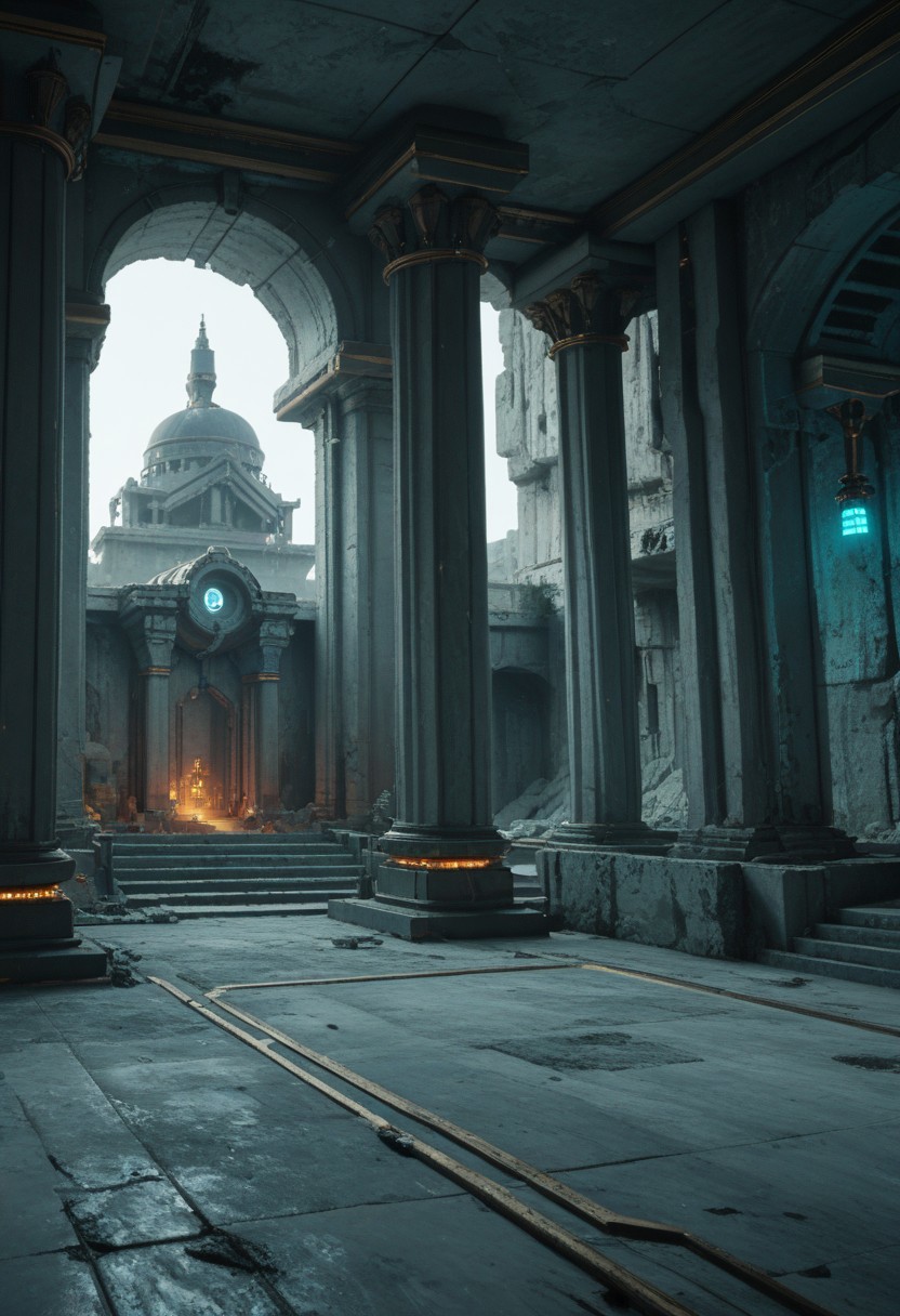 score_9, score_8_up, score_8, 
cyberpunk, Albrecht, no humans, 
temple, scenery, ruins, column, gate, gold ornament, 
glowing, cyberpunk lab, blue glow,