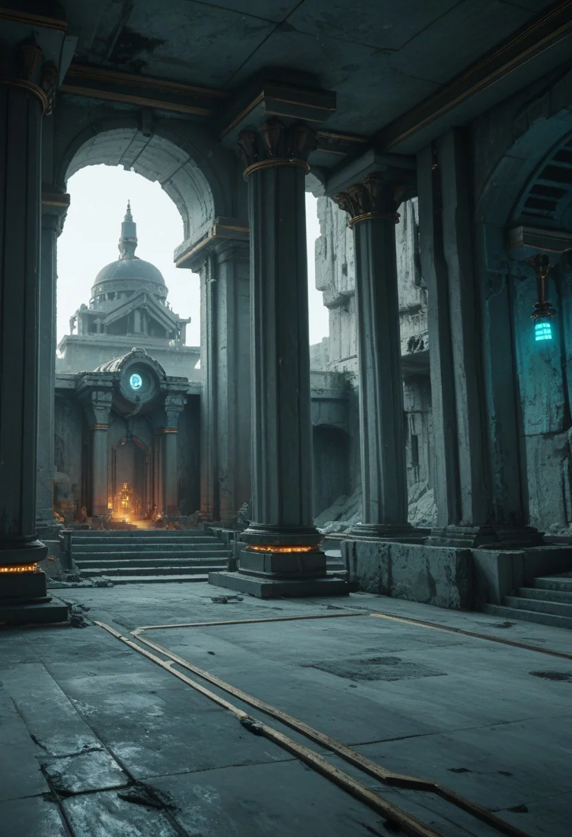 score_9, score_8_up, score_8, 
cyberpunk, Albrecht, no humans, 
temple, scenery, ruins, column, gate, gold ornament, 
glowing, cyberpunk lab, blue glow,