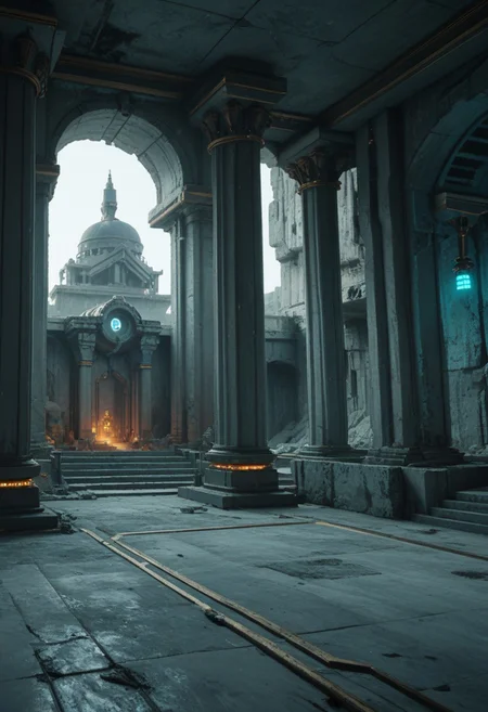 score_9, score_8_up, score_8,
cyberpunk, Albrecht, no humans,
temple, scenery, ruins, column, gate, gold ornament,
glowing, cyberpunk lab, blue glow,