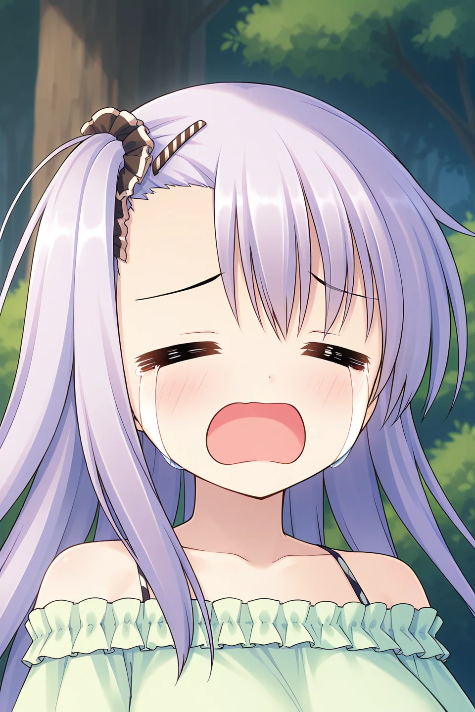 masterpiece, best quality, absurdres, official art, official style, rating general BREAK <lora:manabekei_IL_v1-1:0.7>, manabe kei, 1girl, solo, purple hair, light purple hair, long hair, one side up, side ponytail, black scrunchie, asymmetrical hair, asymmetrical bangs, hairclip, large breasts BREAK casual, bare shoulders, collarbone, blouse, green shirt, frilled shirt, off-shoulder shirt, puffy short sleeves, halterneck, striped camisole, standing, outdoors, nature, forest edge, close-up, portrait,
blush, = =, closed eyes, crying, d:, facing viewer, hair between eyes, meme, open mouth, parody, sobbing, streaming tears, teardrop