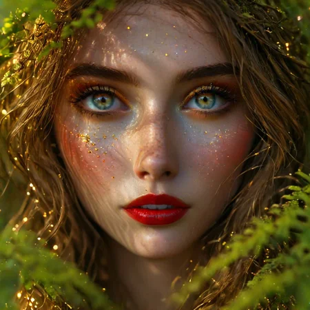 A hidden clearing, moss-draped forest, pulsed, otherworldly glow light. A bonfire, branches of rowan, (dancing shadows:1.2), whirlwind of violet and gold, surprised look on her face, detailed green/blue eyes, (red lipstick with brown tones) (detailed face:1.2), (golden glitter:1.2), hair mixed with leaves