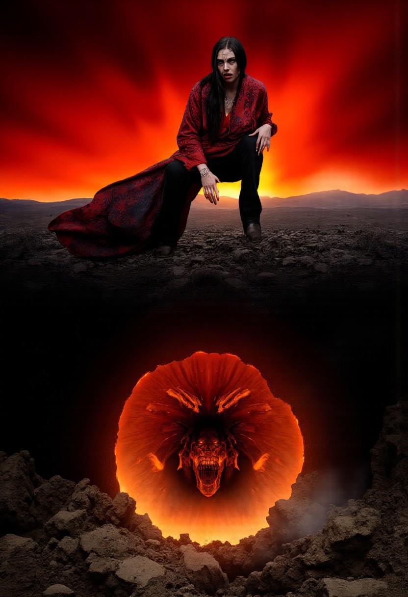 f0rtun3, A full-body cinematic portrait of a dark shaman woman standing at the center of a ruined, desolate wasteland under a blood-red sky. Her body is posed in a fierce, commanding stance, arms stretched forward, fingers clawed as she tears open a rift in the fabric of reality. Her elaborate, tattered robes of black and crimson billow wildly, covered in ancient runes that pulse with a sinister, blood-like glow. Her face is striking and otherworldly — sharp features, piercing eyes burning with an unholy light, ritualistic markings smeared like war paint. From the rift she has summoned, a monstrous spirit creature emerges: a grotesque fusion of shadow, bone, and fire, with twisted wings and endless rows of glimmering teeth, its form constantly shifting and warping. The ground around her is cracked and scorched, veins of molten lava snaking through the broken earth. Jagged, blackened ruins loom in the background, half-buried in ash and dust. A brutal wind whips debris through the scene, caught in the harsh, apocalyptic lighting — fiery highlights and deep, oppressive shadows. The atmosphere is suffocating, charged with dread, raw magical fury, and the haunting beauty of a dying world — captured in hyper-detailed, dark fantasy photography, a true masterpiece of chaos and power.
