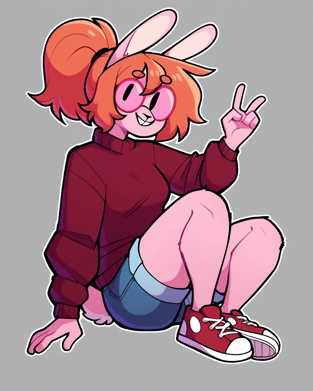 score_9_up, score_8_up, score_7_up, score_6_up, by remanedur, round glasses, orange hair, medium breasts, bunny, black eyes, dot eyes, rabbit ears,  pink skin, female, sneakers, gesture, short hair, ponytail, pink fur, red sweater, jean shorts, rabbit tail, looking at viewer, solo, smile, happy, three-quarter view, head tilt, tail, simple background, white outline, <lora:Leah_Pines(AIM)_XL_v1:0.15> <lora:PDXL_artist_tags_v2_big:0.5> <lora:The-Minuscule-Task_PDXL_v1.0:0.6>  <lora:PyannyPatricia_Yancy_ByuniBunn:0.65>