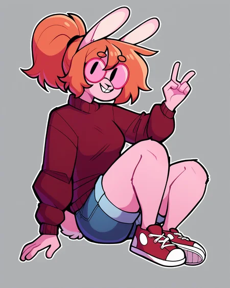 score_9_up, score_8_up, score_7_up, score_6_up, by remanedur, round glasses, orange hair, medium breasts, bunny, black eyes, dot eyes, rabbit ears, pink skin, female, sneakers, gesture, short hair, ponytail, pink fur, red sweater, jean shorts, rabbit tail, looking at viewer, solo, smile, happy, three-quarter view, head tilt, tail, simple background, white outline, <lora:Leah_Pines(AIM)_XL_v1:0.15> <lora:PDXL_artist_tags_v2_big:0.5> <lora:The-Minuscule-Task_PDXL_v1.0:0.6> <lora:PyannyPatricia_Yancy_ByuniBunn:0.65>