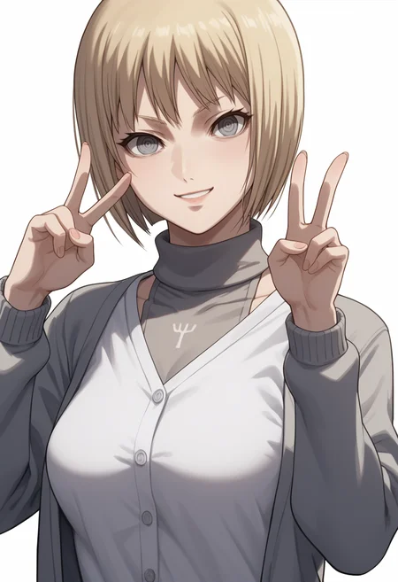 score_9, score_8_up, score_7_up, source_anime, BREAK white background, 1girl, solo, upper body, <lora:DX888Clare:1>clare, turtleneck sweater, grey eyes, medium breasts, (cardigan:1.2), v pose, light smile,