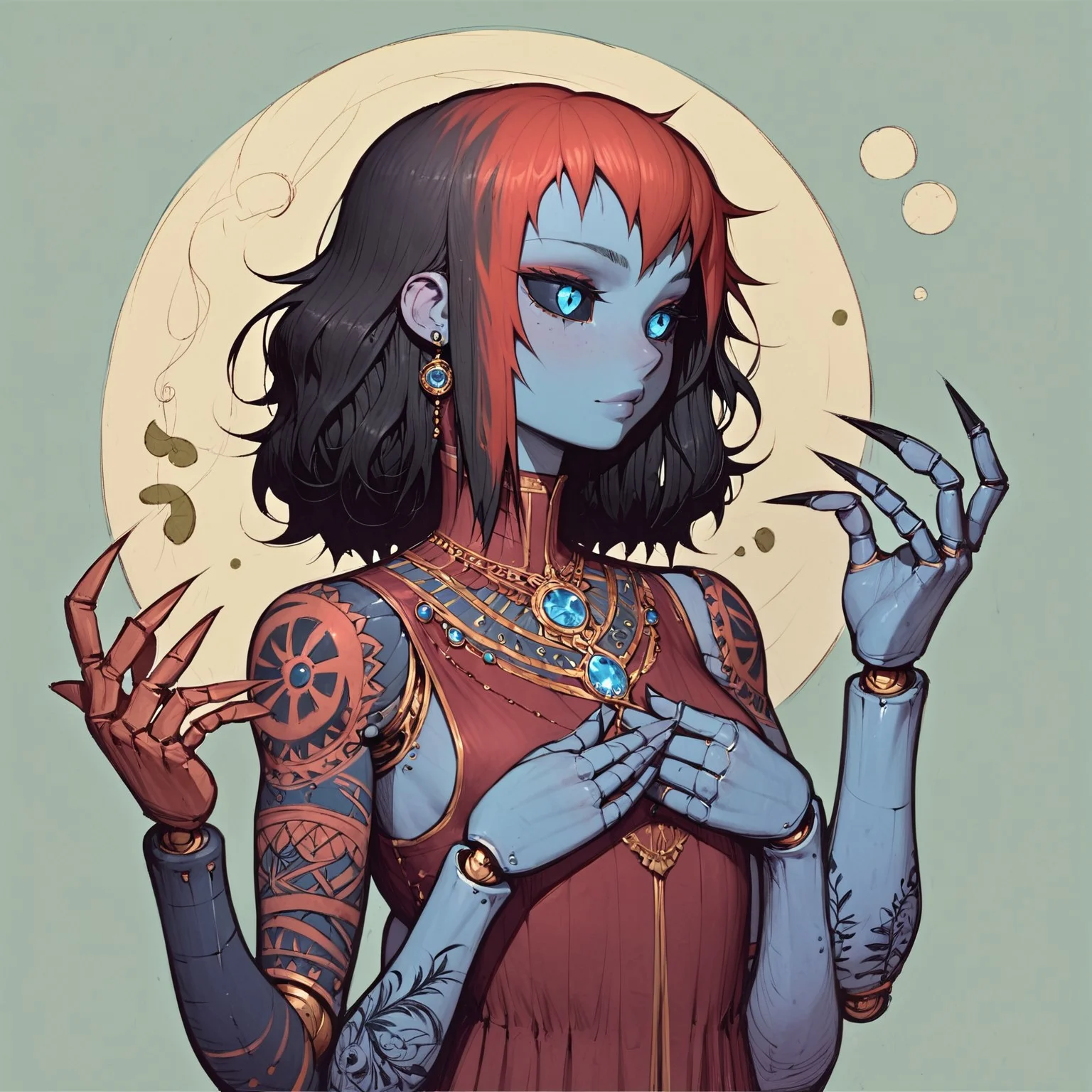 zPDXL3 , sfw, score_9 , score_8 , score_7 , score_6_up , highly detailed , high quality , high res , masterpiece, quality highlights, 8k detail, ultra-detailed, concept , abstract ,
1 girl , solo , asura , blue skin , red tattoos , runic tattoos , celtic tattoos , (6 arms , doll arms , doll joints , ball joints) , arms tattoos , aura , blue eye , black sclera ,