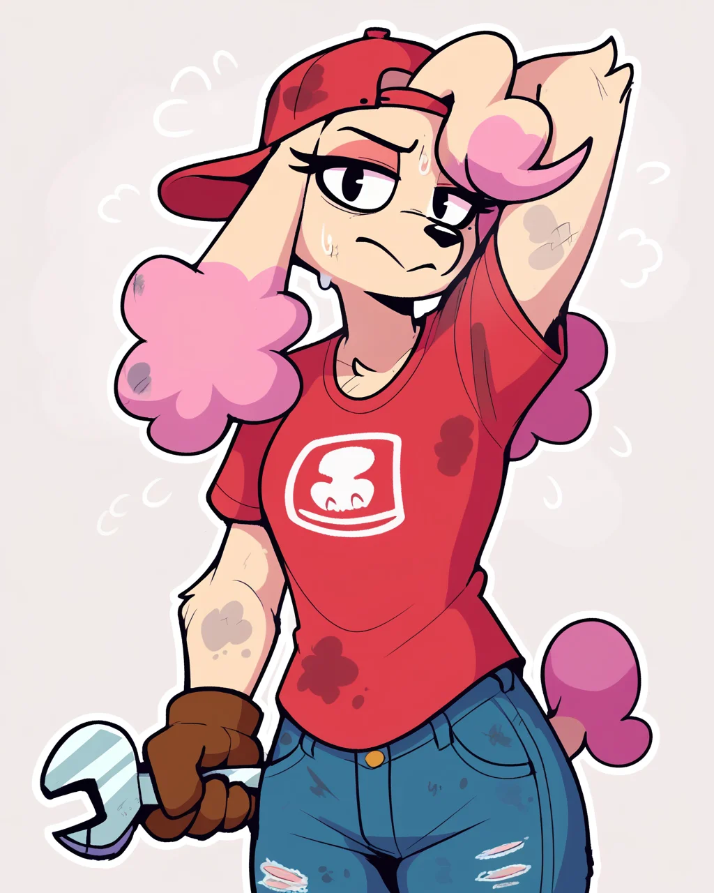 score_9_up, score_8_up, score_7_up, score_6_up, by remanedur, half-length portrait, pink highlights, multicolored hair, furry female, poodle, female, furry, solo, three-quarter view, head tilt, red baseball cap, baseball cap, backwards baseball cap, gloves, standing, handwear, red shirt, sweat, wiping forehead, wiping sweat, arm above head, holding wrench, dirty, grease stains, mechanic, red t-shirt, t-shirt, jeans, tail, simple background, white outline, <lora:Leah_Pines(AIM)_XL_v1:0.25> <lora:PDXL_artist_tags_v2_big:0.5> <lora:The-Minuscule-Task_PDXL_v1.0:0.6> <lora:Louise_aaronchenart:0.6>