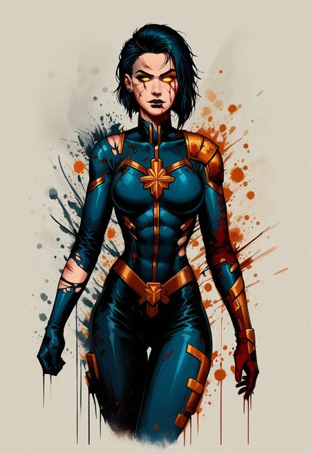 score_9, score_8_up, score_7_up, score_6_up, dcaustyle, 1girl, captain marvel, black bodysuit, glowing black, goth filr, raven, hair, undercut, pointy breasts, cowboy shot, spacecraft interior, 2d, glowing golden eyes, sexy pose,smile, ripped suit, broken suit, scars, blood, wounded, dynamic pose, makeup, goth girl, detailed armor