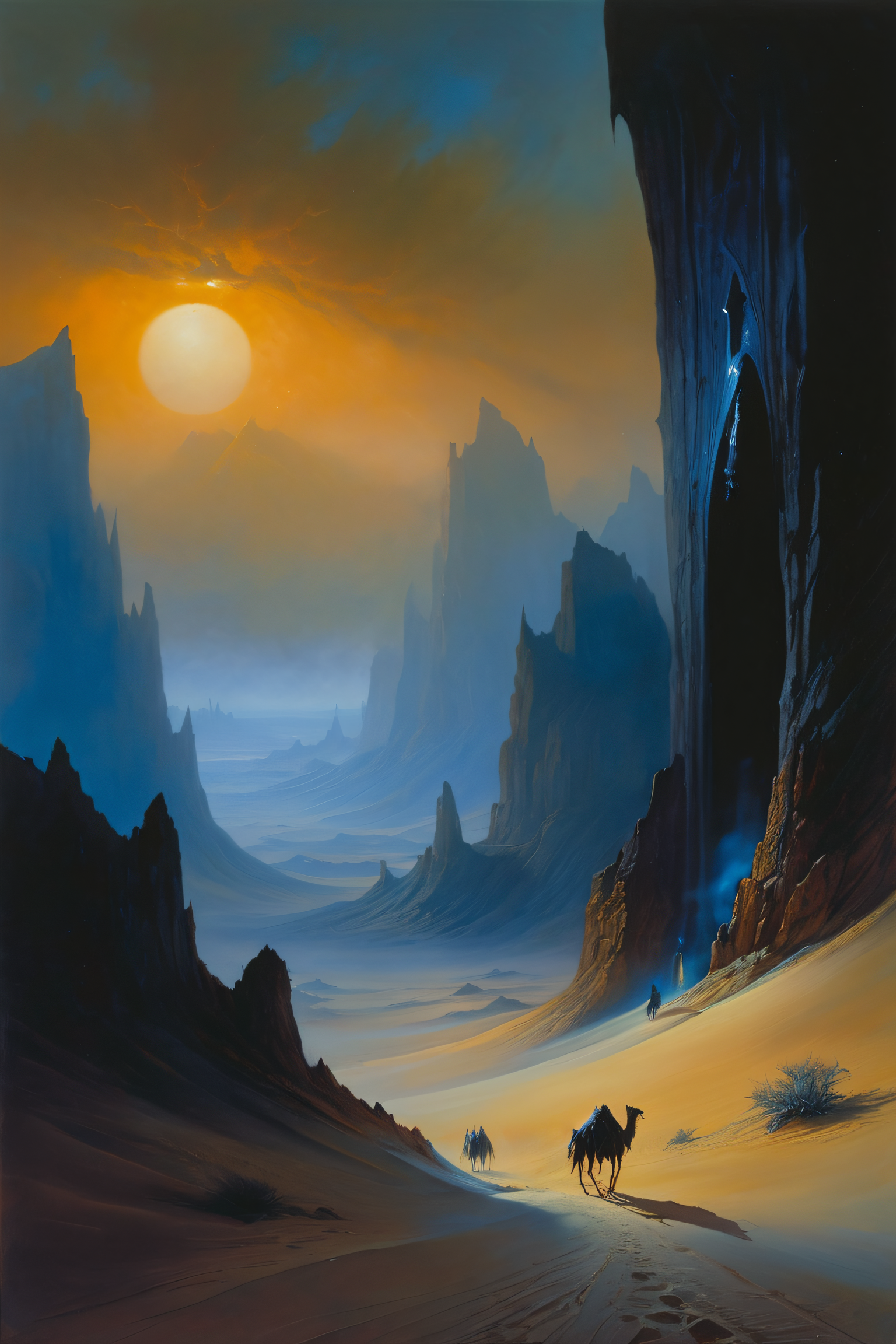 dark fantasy art painting by John Howe, dark fantasy, horror, gothic themes, a grim desert at night, epic scenery, <lora:add-detail-xl:1>