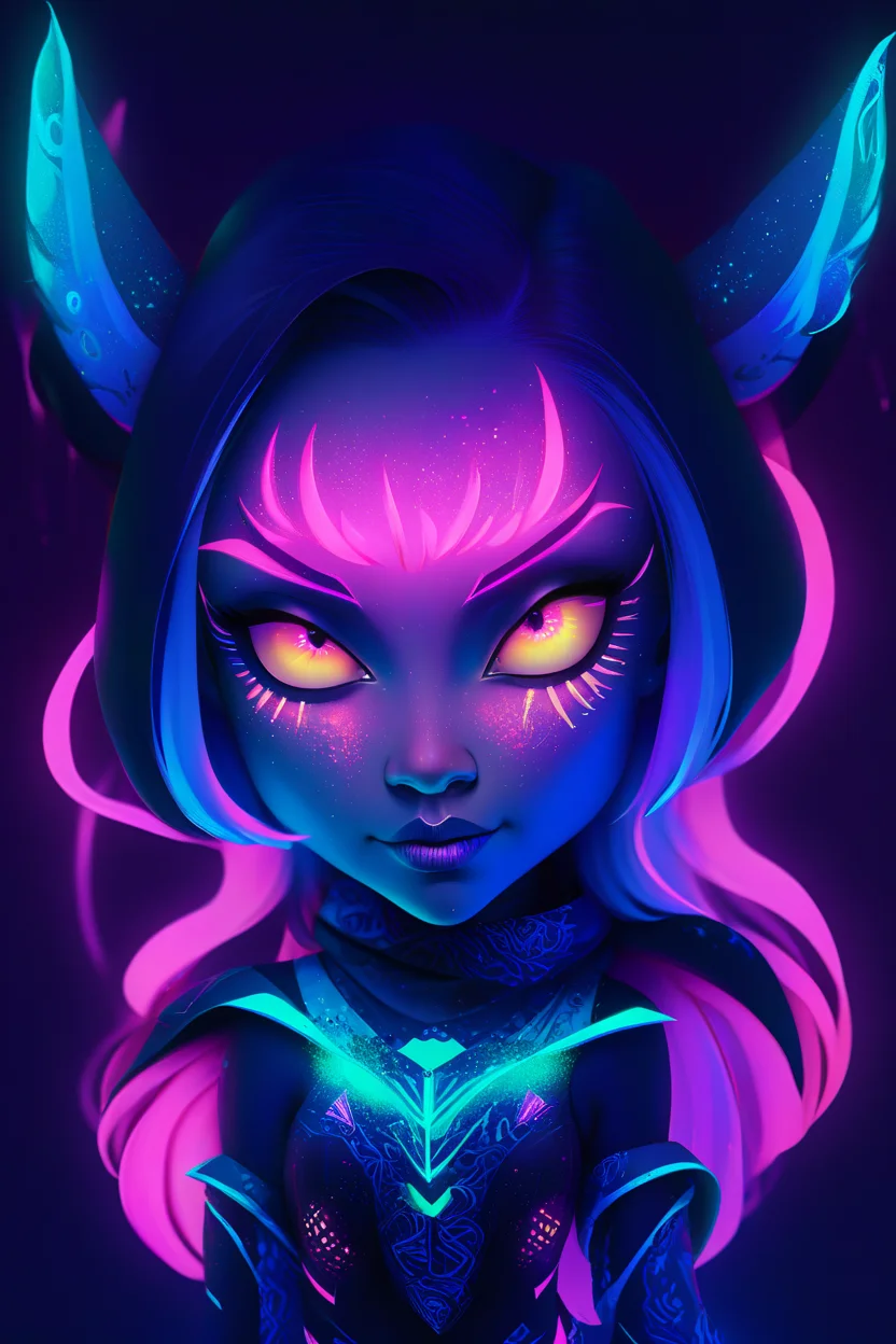Portrait of (chibi woman with blacklight makeup), fantasy, highly detailed, digital painting, artstation, concept art, sharp focus, illustration, art by Tony Sart and artgerm and randy vargas