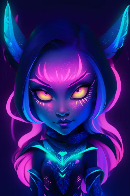 Portrait of (chibi woman with blacklight makeup), fantasy, highly detailed, digital painting, artstation, concept art, sharp focus, illustration, art by Tony Sart and artgerm and randy vargas