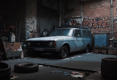 ,ruanyi0851,ground vehicle,brick wall,no humans,<lora:0851 abandoned vehicles V2_v1_pony:1>, score_9,score_8_up,score_7_up,,8k,1girl,solo,,