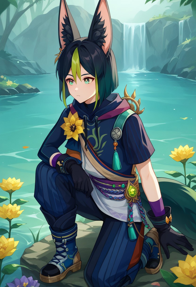 score_9, score_8_up, score_7_up, source_anime, highly detailed,
Tighnari, 1boy, male focus, solo, fox boy, animal ears, animal ear fluff, fox ears, fox tail, multicolored hair, streaked hair, blunt ends, hair between eyes, black hair, green hair, bangs, green eyes, multicolored clothes, hoodie, hood, blue hoodie, drawstring, asymmetrical sleeves, gloves, black gloves, pants, blue pants, boots, cross-laced footwear, blue footwear, flower, yellow flower, jewelry, medal, earrings, single earring, tassel, vision (genshin impact)
outdoor, river,  on one knee, flowers, holding flower, curious,