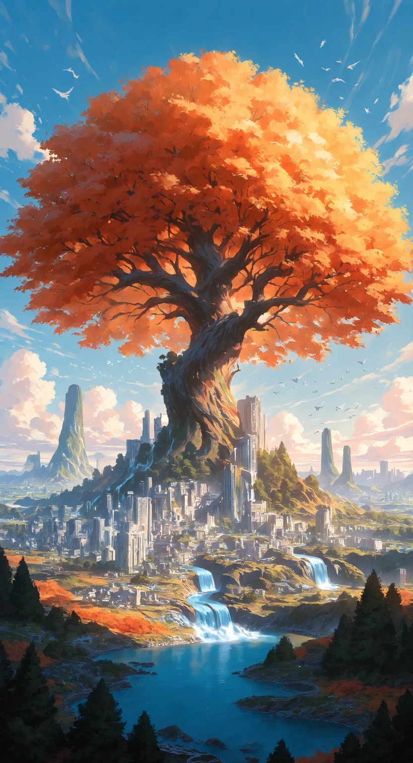 masterpiece, best quality, good quality, very awa, very aesthetic, absurdres, newest, bird, cityscape, cloud, day, giant tree, landscape, no humans, outdoors, planet, river, scenery, sky, surreal, tree, water, waterfall, sunrise,autumn <lora:spo_sdxl_10ep_4k-data_lora_webui:0.6> <lora:ponyv4_noob1_2_adamW-000017:0.7> <lora:USNR_STYLE_XL_lokr:0.45>