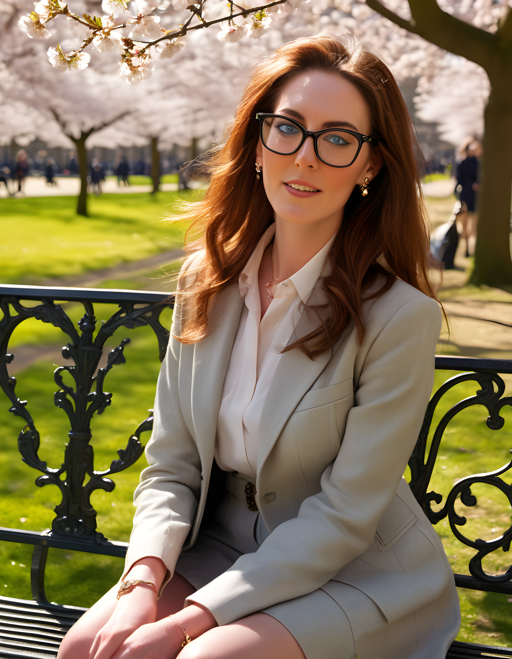 In a vibrant, sun-drenched London park adorned with blooming cherry blossoms and the distant sound of laughter, a captivating woman named EMM4S stands poised against an elegant wrought-iron bench. With her long, chestnut hair cascading over one shoulder, she gazes intently through black-framed glasses adorned with English text, her piercing grey eyes reflecting the wisdom of ages past. Her jewelry collection, a mesmerizing blend of antique and modern pieces, shimmers in the dappled sunlight as it catches the eye. The camera angle offers a slightly elevated view from behind the bench, creating an intimate and alluring portrait of this enigmatic woman, her strong yet serene presence dominating the scene while the world around her continues to buzz with life.